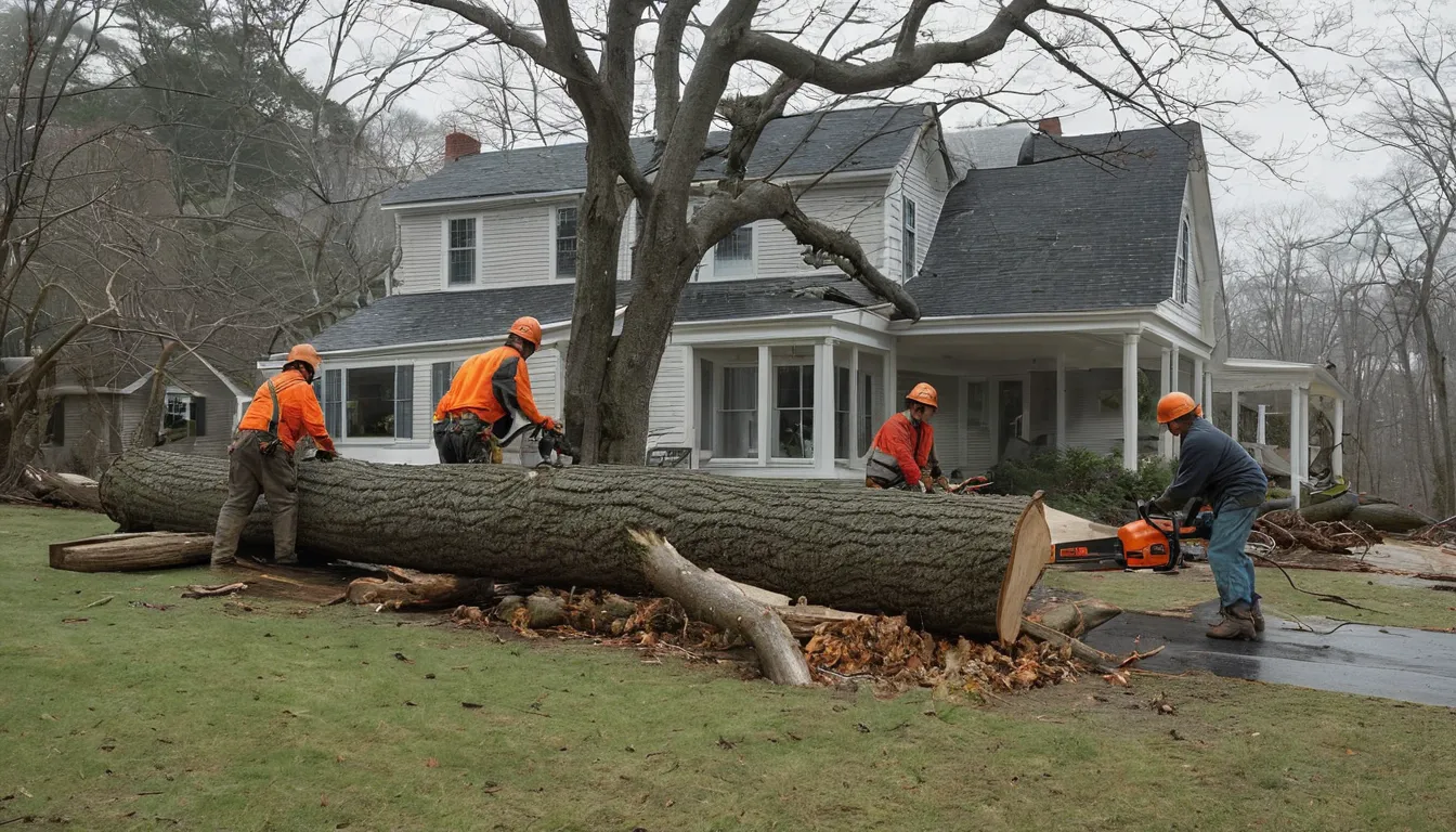 A local tree provider cutting a fallen tree away from a house after a storm in Swarthmore