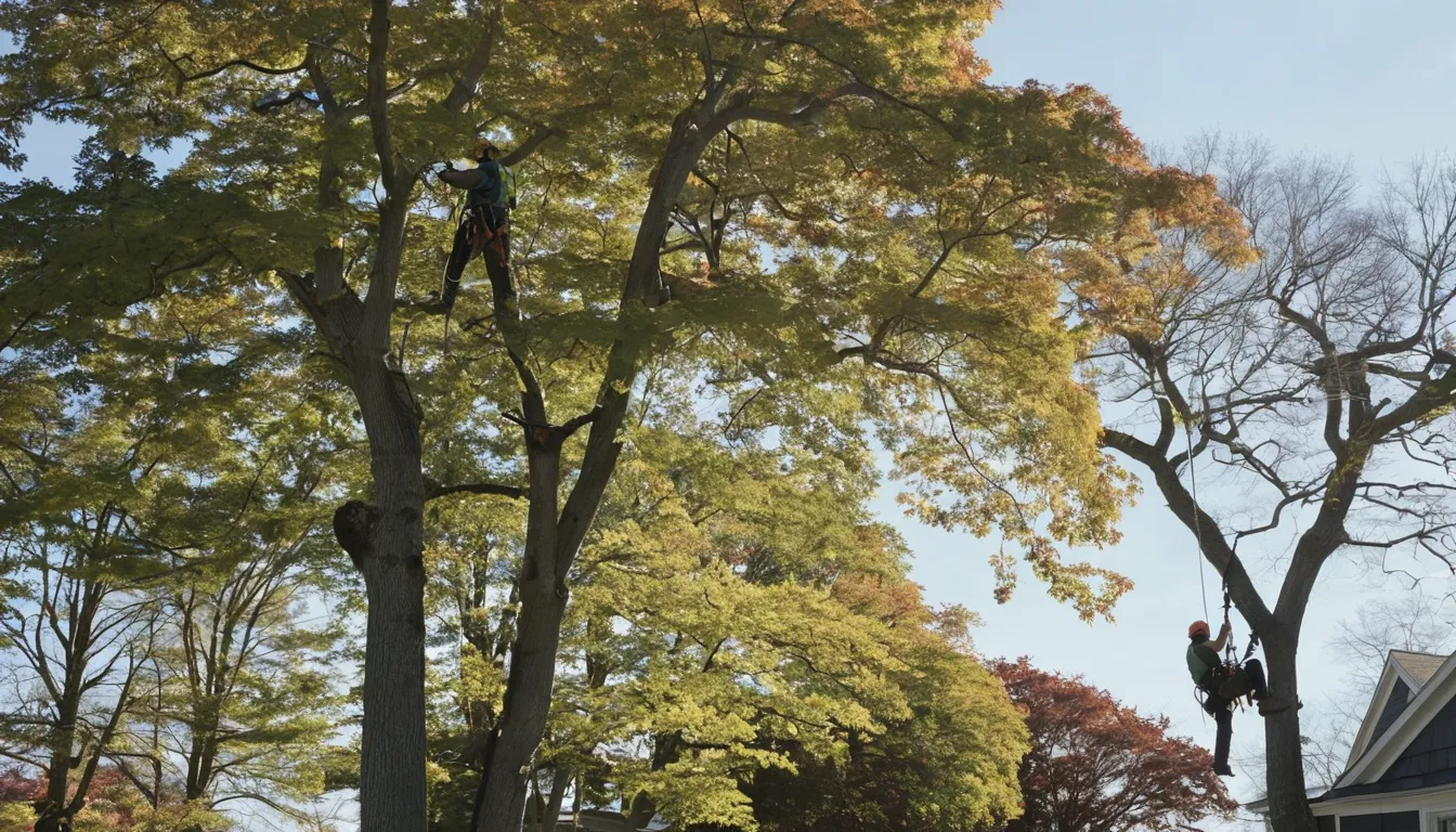 A tree provider's crew sectioning a large tree beside a home in Swarthmore