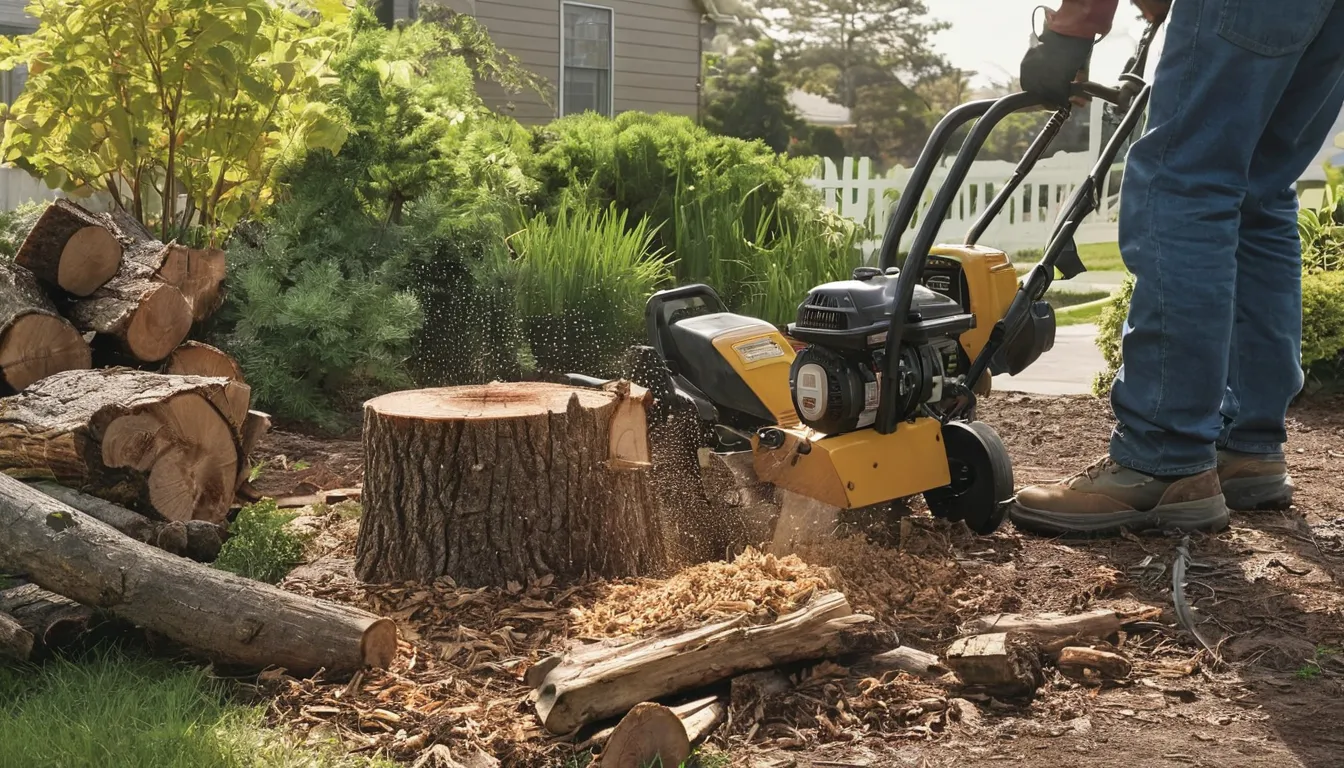 Provider grinding a tree stump in a residential yard in Swarthmore