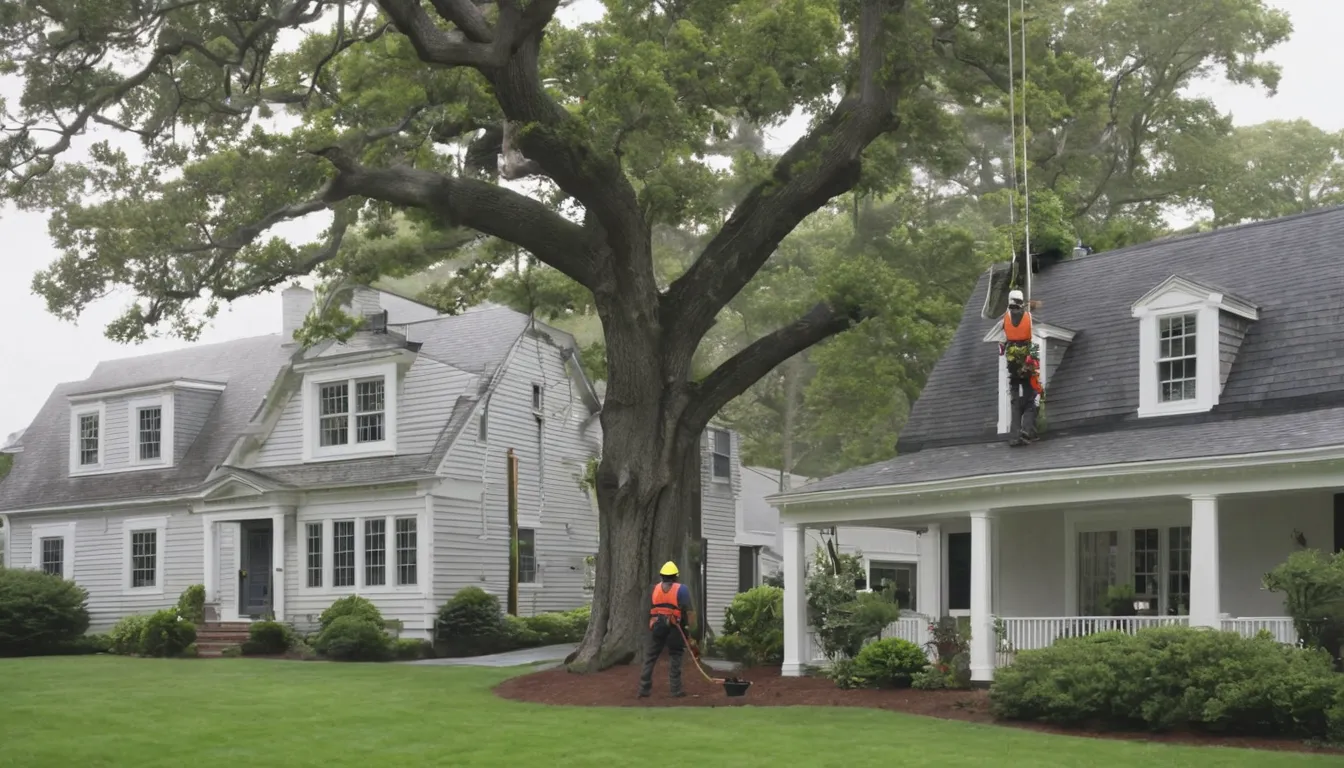 Tree removal provider working safely near a house in Swarthmore while a homeowner looks on